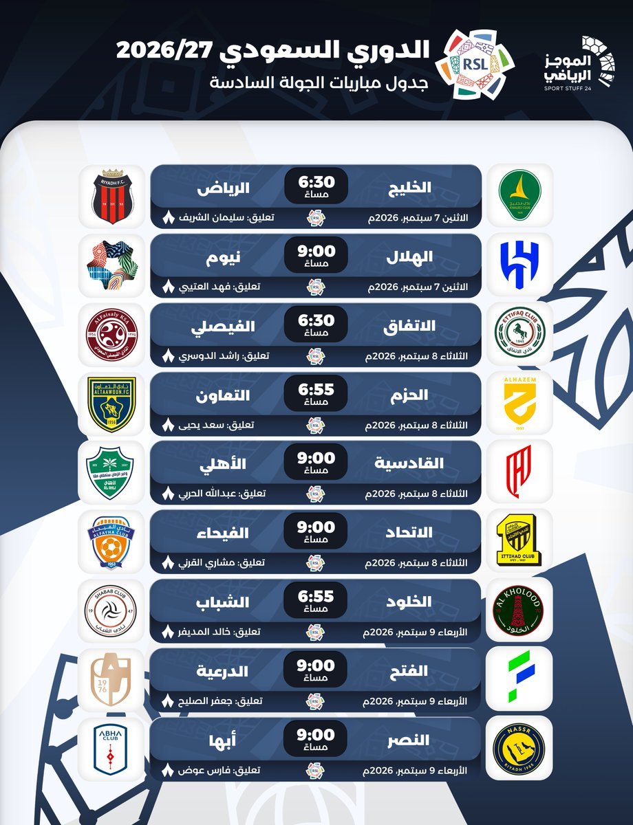 جدول مباريات الجولة 6 من #دوري_روشن_السعودي 2026/27م. …