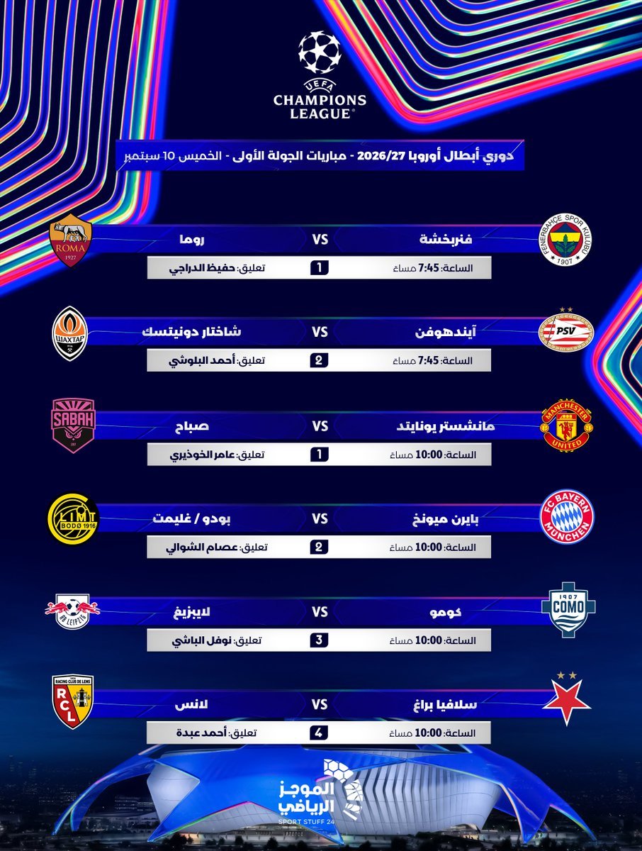 دوري أبـــطــال أوروبـــــا يـــعــــود! 

إليكم جدول مباريات الجولة 1 من #دوري_…